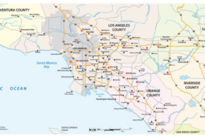 This is a photo of a map showing the Los Angles County regions.
