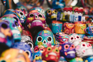 Stock image of colored skulls for Mexican culture.